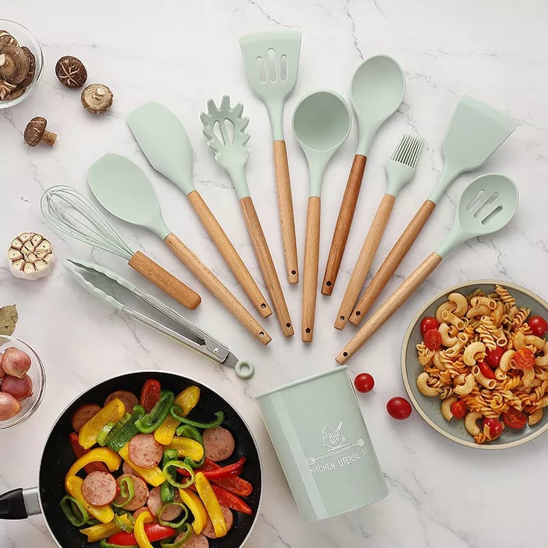 12 Pcs Silicone Cooking Utensils Kitchen Utensil Set | Heat Resistant Kitchen Non toxic Spatula Set with Turner Tongs,Spoon,Brush,Whisk-Wooden Handle - Random Color Aurelianmart
