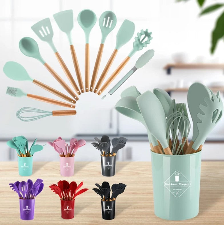 12 Pcs Silicone Cooking Utensils Kitchen Utensil Set | Heat Resistant Kitchen Non toxic Spatula Set with Turner Tongs,Spoon,Brush,Whisk-Wooden Handle - Random Color Aurelianmart