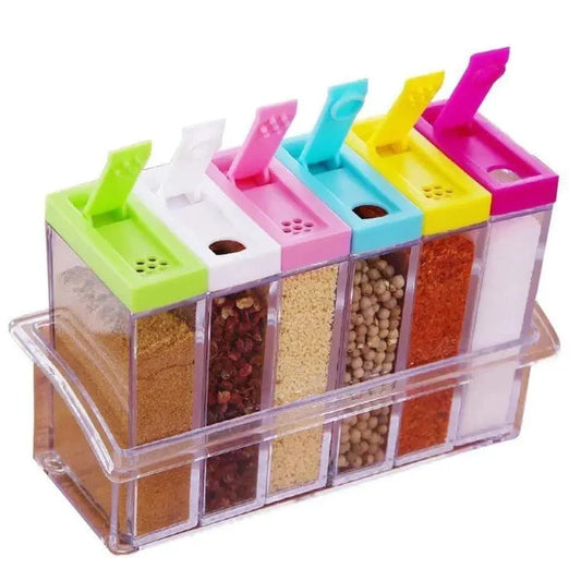 Spice Jars Dispenser Masala Rack Easy Flow Storage Crystal Seasoning Box Multicolour Set of 6 Aurelianmart