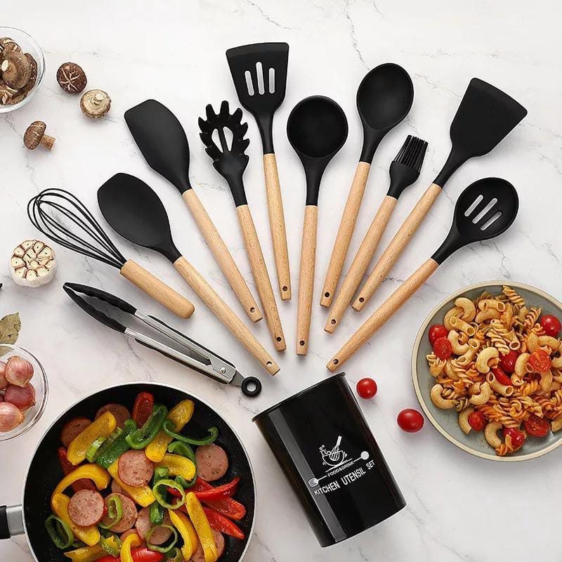12 Pcs Silicone Cooking Utensils Kitchen Utensil Set | Heat Resistant Kitchen Non toxic Spatula Set with Turner Tongs,Spoon,Brush,Whisk-Wooden Handle - Random Color Aurelianmart