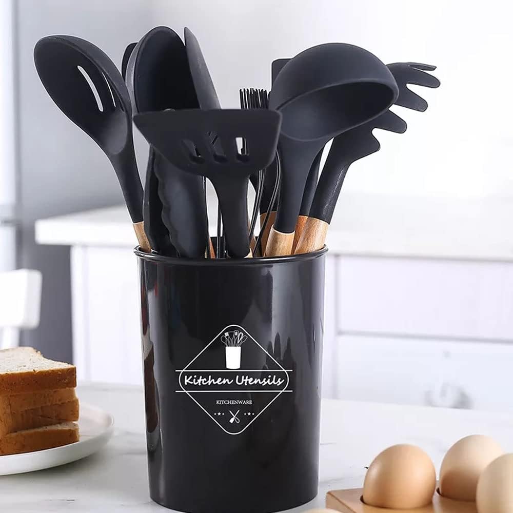 12 Pcs Silicone Cooking Utensils Kitchen Utensil Set | Heat Resistant Kitchen Non toxic Spatula Set with Turner Tongs,Spoon,Brush,Whisk-Wooden Handle - Random Color Aurelianmart